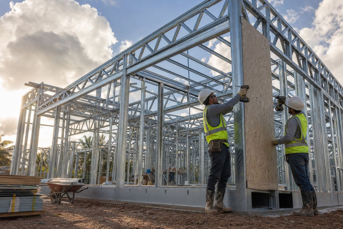 Complete cold-formed steel structure being erected on site, crew screwing panels into place