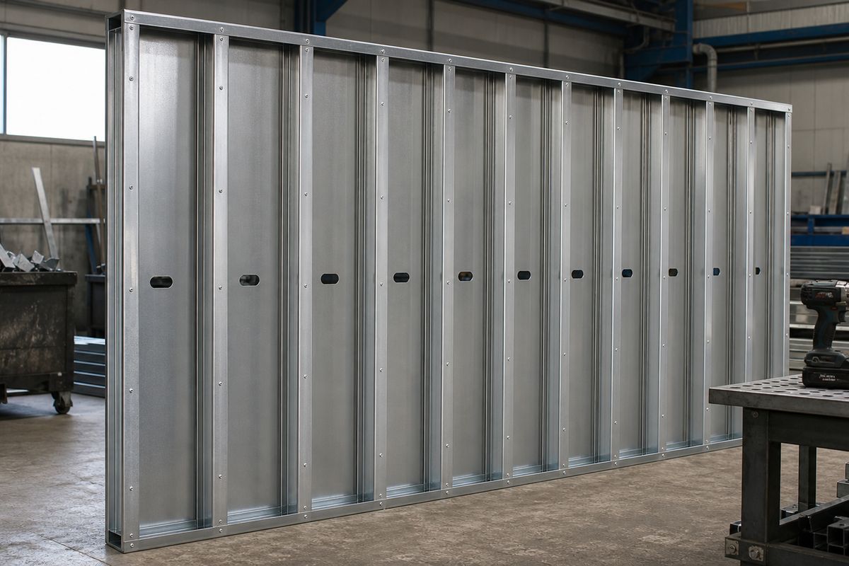 Cold-formed steel structural panel pre-assembled in the plant, studs screwed into the tracks