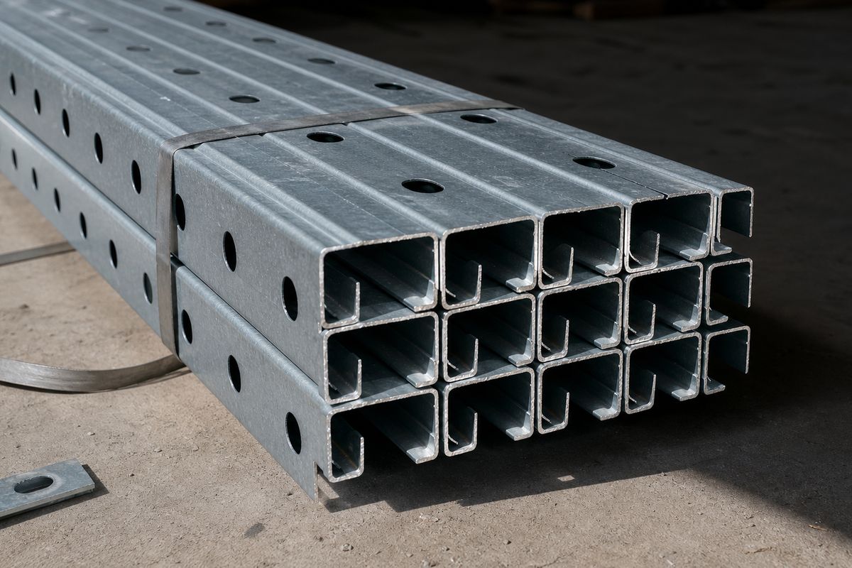 Strapped bundle of cold-formed steel C-profiles with punched service holes